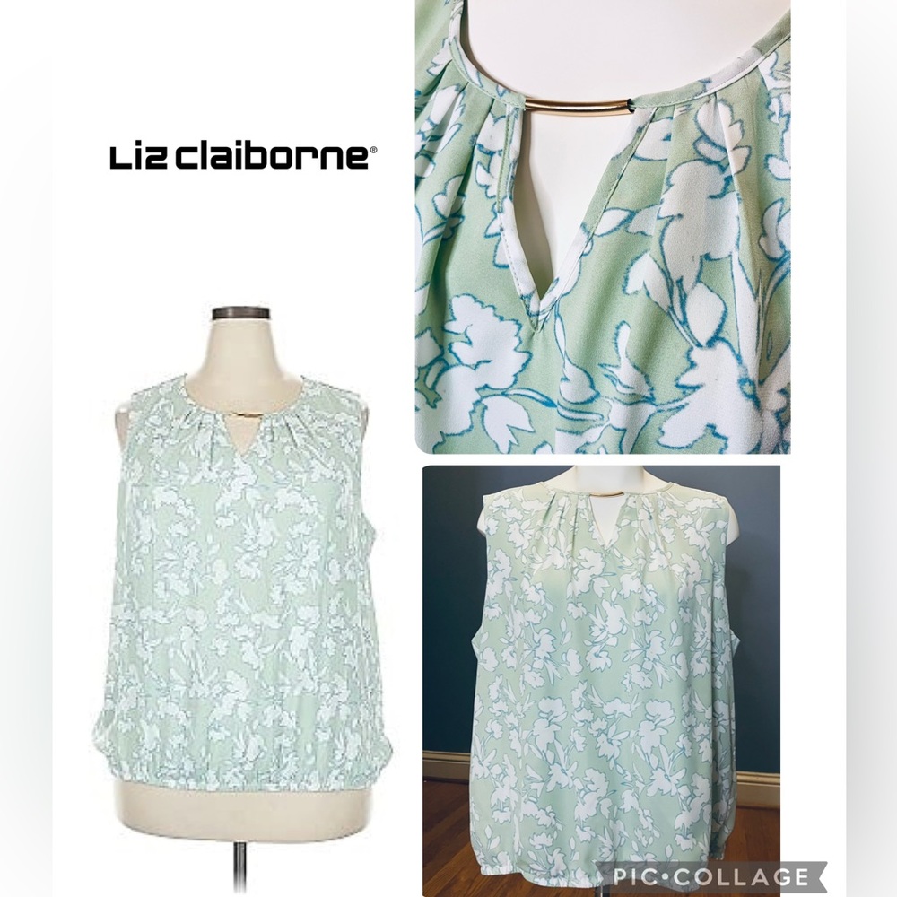 Liz Claiborne Mint Green Floral Sleeveless Pleated Keyhole Neckline Top XL EUC